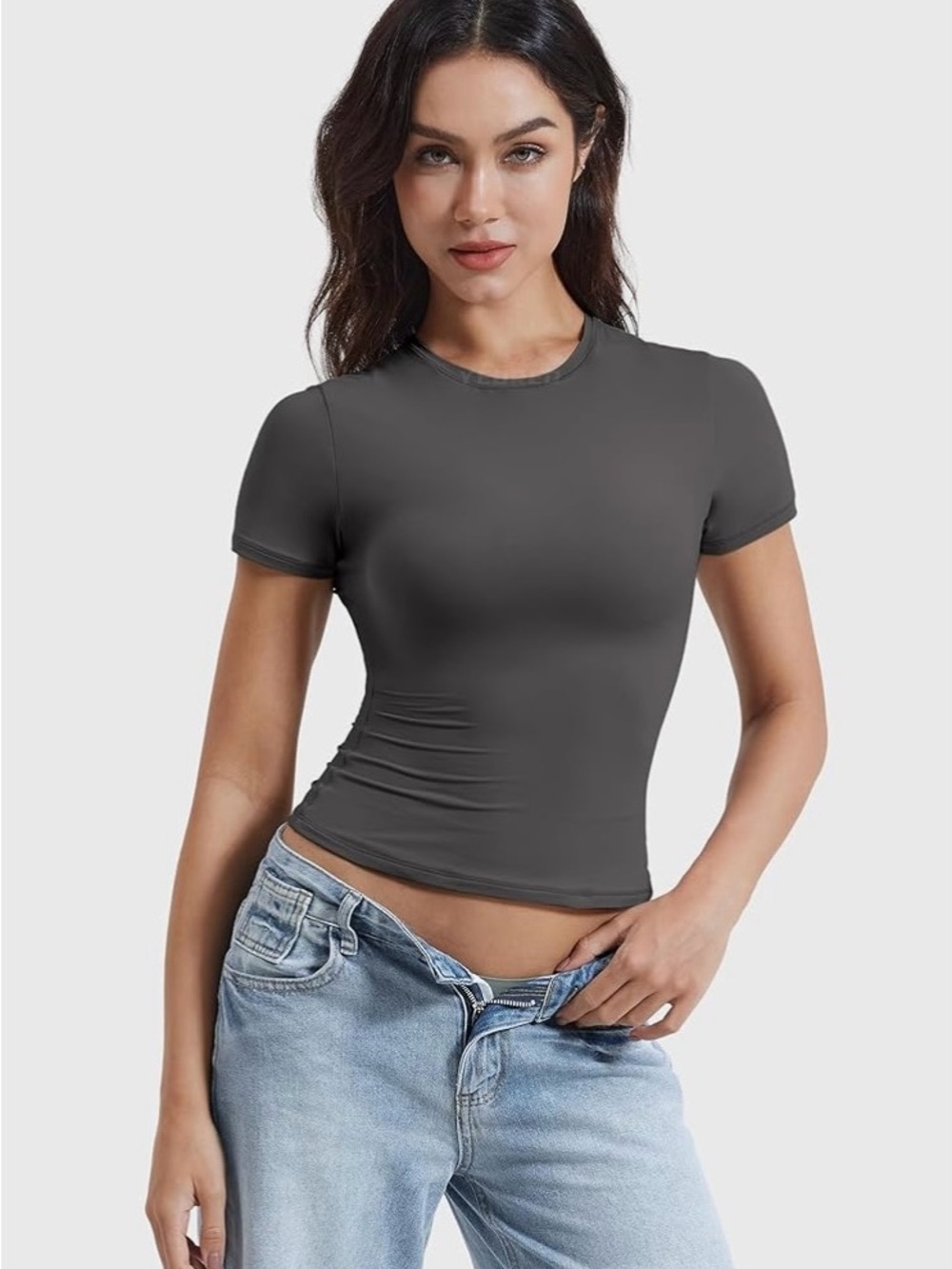 Women’s Dark Grey Short-Sleeve Crewneck Top Spandex and Polyester size small